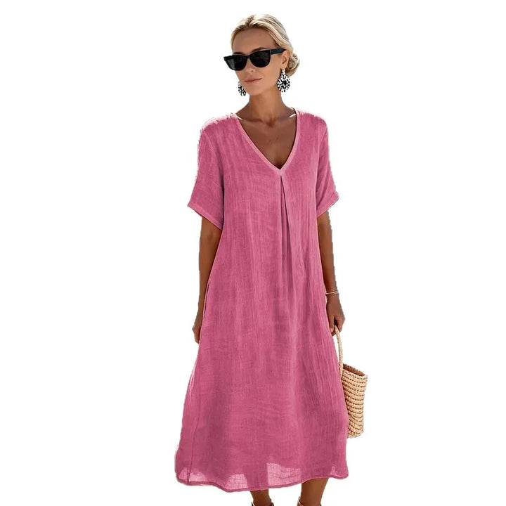 Coastal style women's midi dress, relaxed v-neck, short sleeves, a comfortable summer essential.