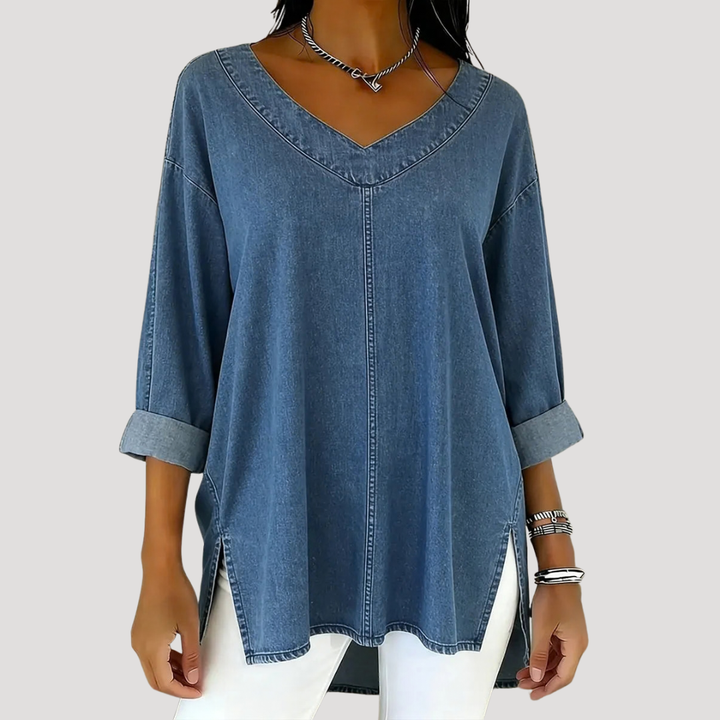 Women's relaxed V-neck tunic top with elbow sleeves & side slits. Perfect for casual, everyday style.