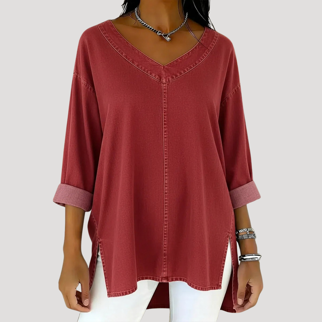 Brown relaxed fit women's tunic top, V-neck, elbow sleeves, and side slits. Stylish for versatile everyday fashion.
