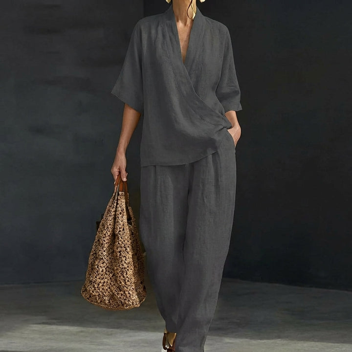 Casual chic women's set featuring a comfortable V-neck top and fashionable wide-leg pants.