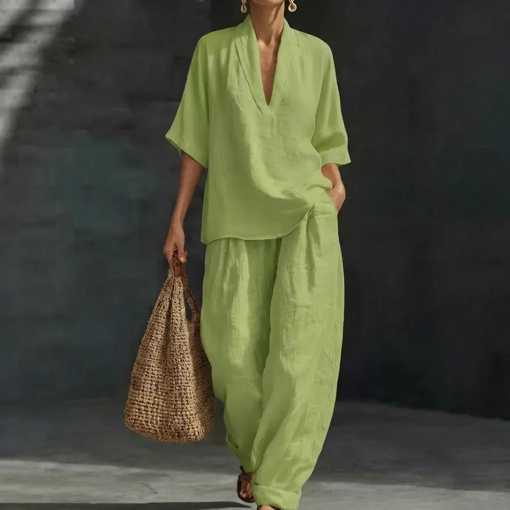 Womens V-neck top & wide-leg pants set, a comfortable, relaxed fit coordinated outfit for any occasion.