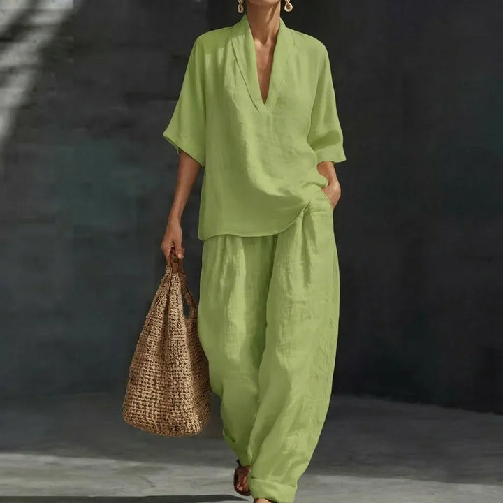 Womens V-neck top & wide-leg pants set, a comfortable, relaxed fit coordinated outfit for any occasion.