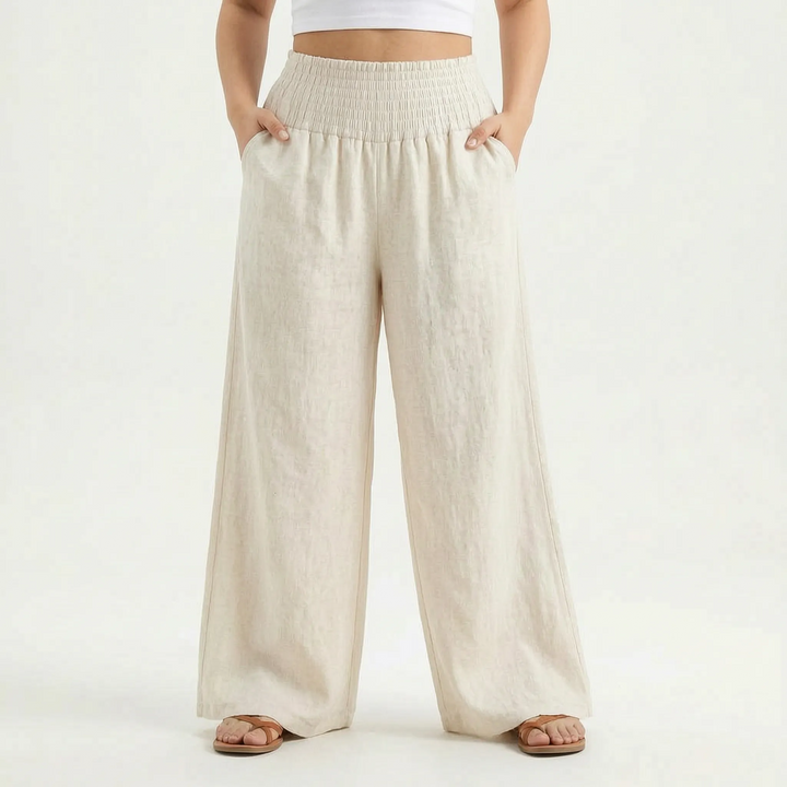Casual women's wide-leg summer trousers, relaxed fit with an elastic waist for comfort.