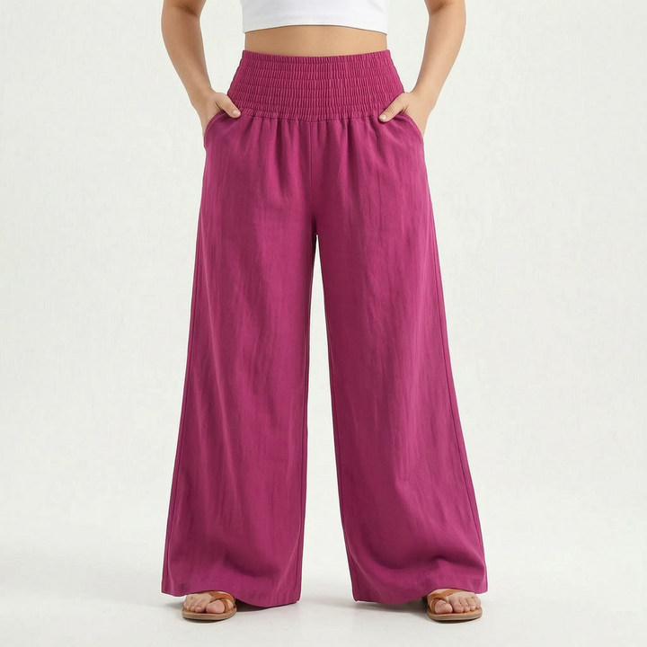 Solid color relaxed wide-leg women's pants, great for comfortable summer casual fashion.