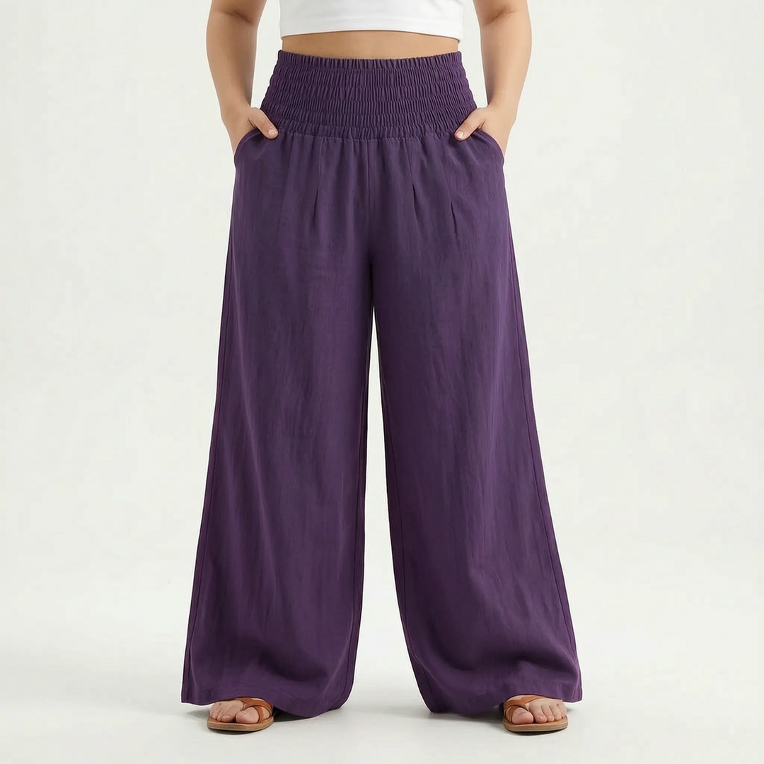 Comfortable solid color wide-leg summer pants for women, ideal for casual and vacation style.