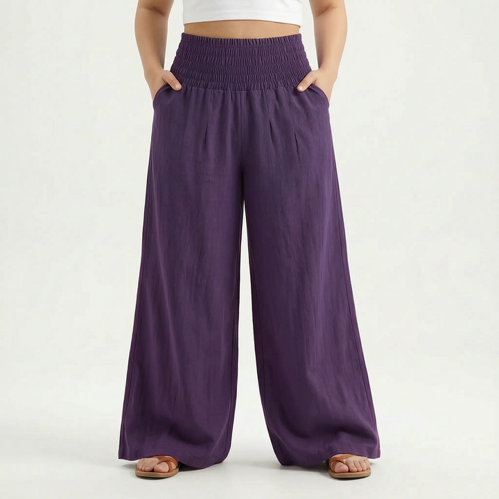 Comfortable solid color wide-leg summer pants for women, ideal for casual and vacation style.