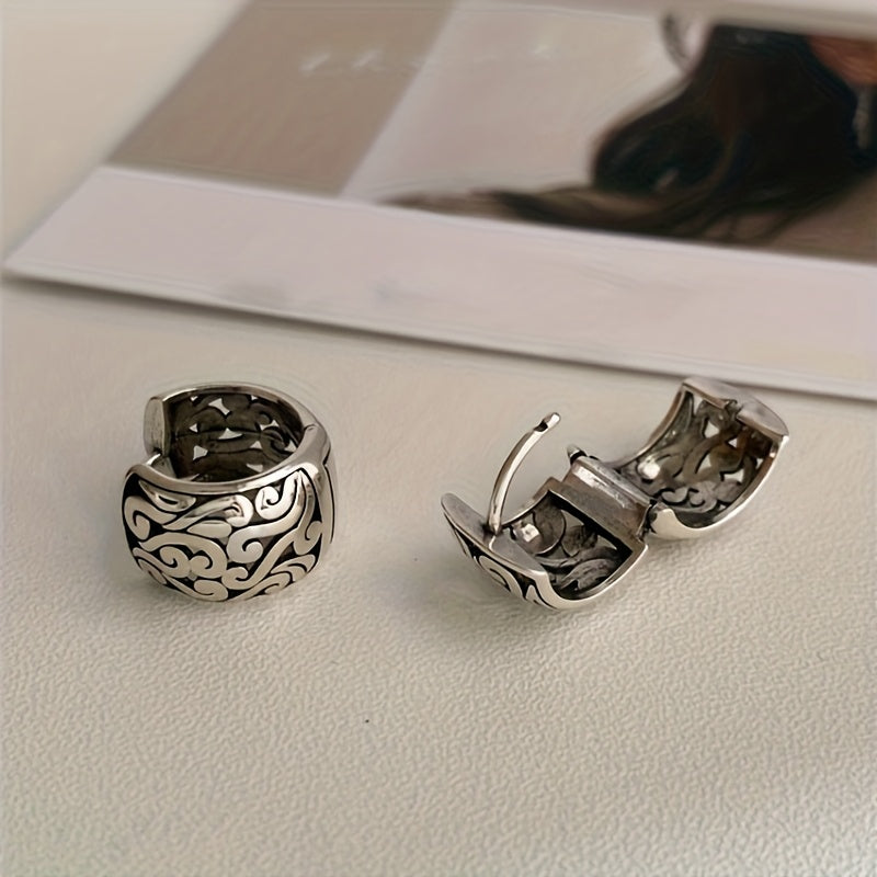 Unique Relic sterling silver earrings for women, intricately engraved. Oxidized vintage style.