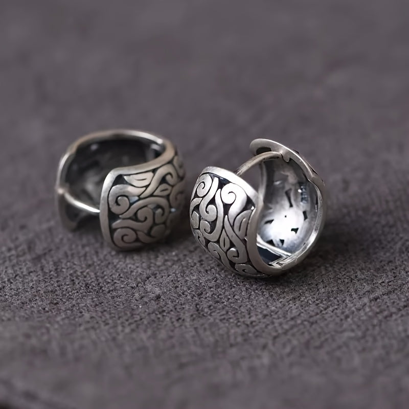 Hypoallergenic sterling silver Relic earrings, women's engraved vintage style jewelry with antique finish.