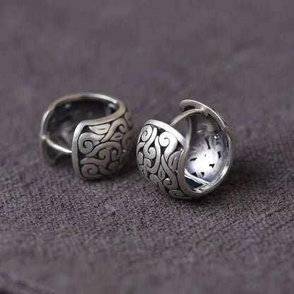 Hypoallergenic sterling silver Relic earrings, women's engraved vintage style jewelry with antique finish.