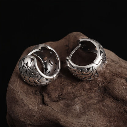 Statement sterling silver engraved earrings, Relic design, with an oxidized antique finish for women.