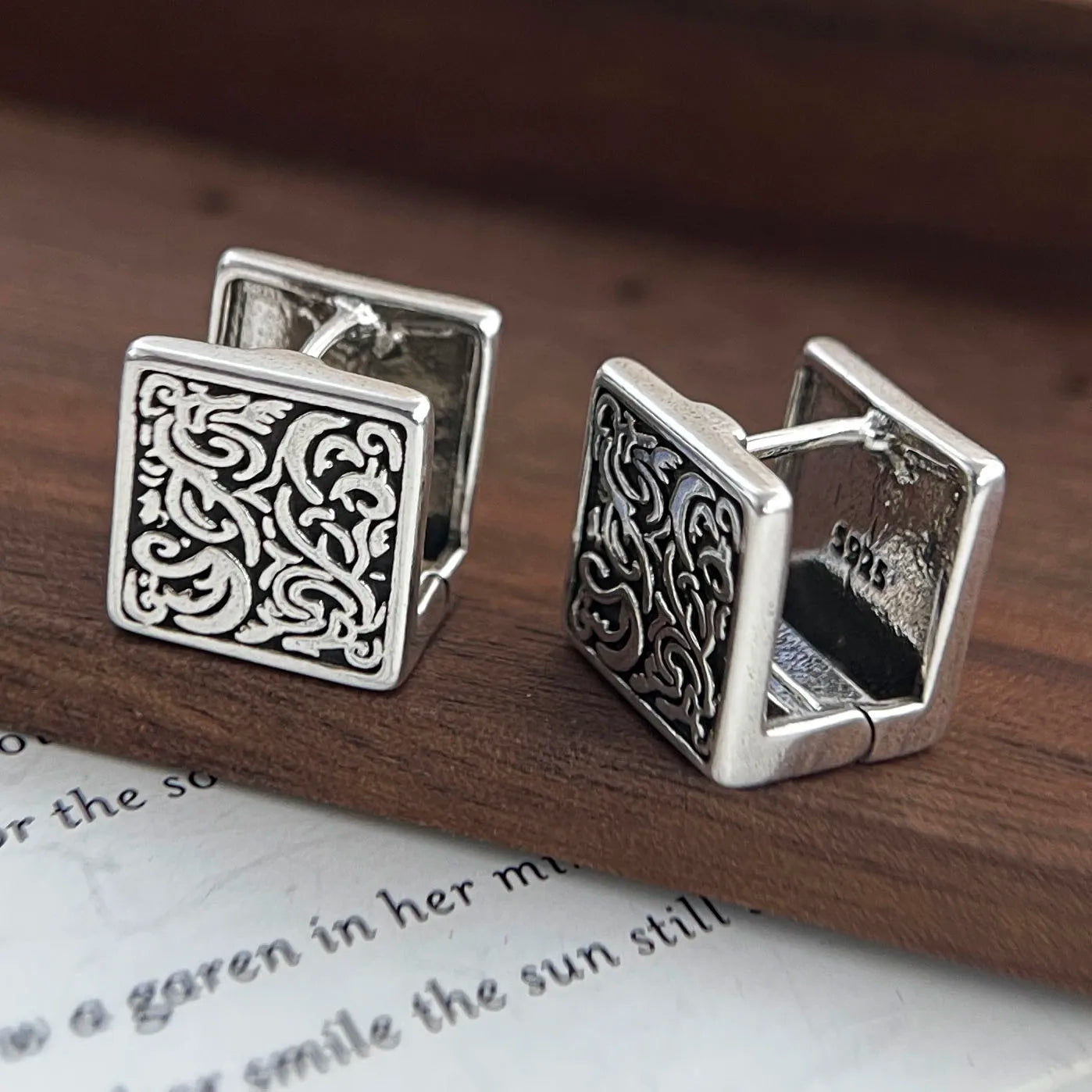 Oxidized sterling silver Relic engraved earrings for women, featuring a unique vintage and antique finish.