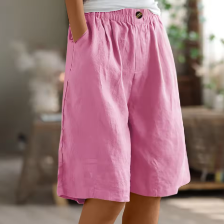 Model wearing Renee women's comfort shorts, ideal for relaxed summer outfits and casual days.