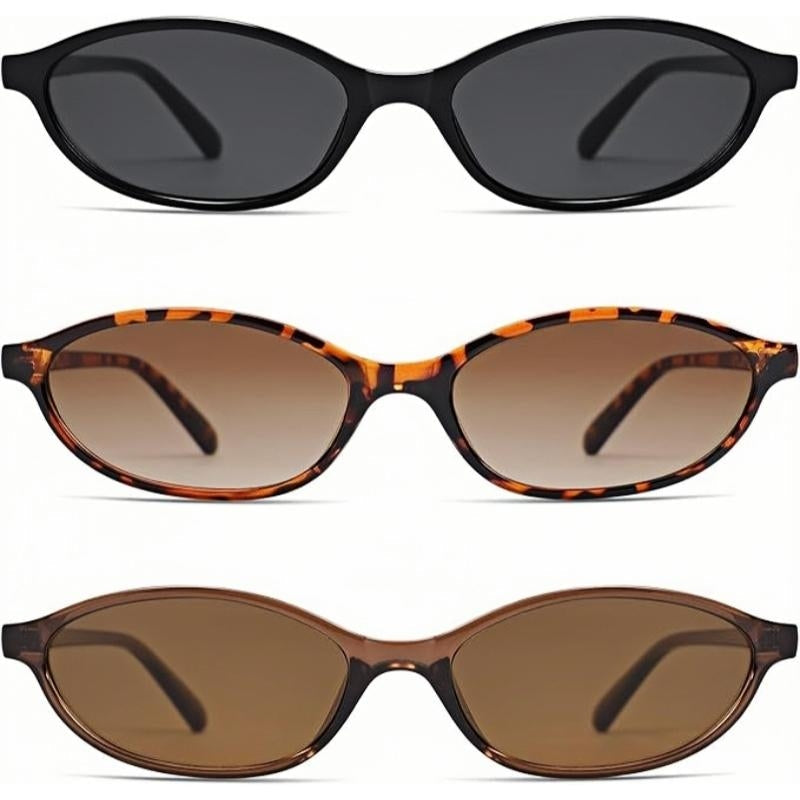 Women's 90s retro cat-eye sunglasses 3-pack: black, brown, & leopard print.