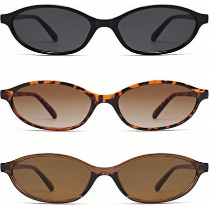 Women's 90s retro cat-eye sunglasses 3-pack: black, brown, & leopard print.