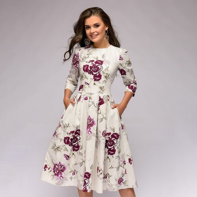 Women's retro A-line midi dress with 3/4 sleeves, elegant for casual or party wear.