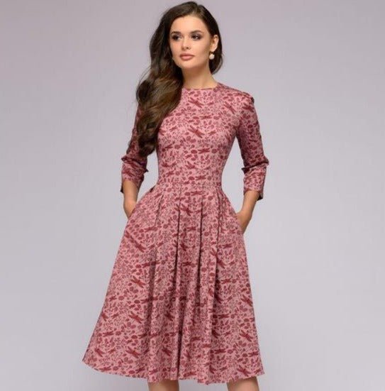 Colorful floral print A-line midi dress for women, 3/4 sleeves, retro elegant style for any event.