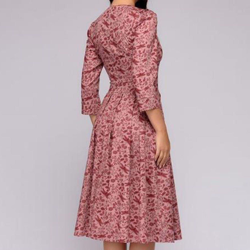 Elegant party A-line midi dress for women, retro 3/4 sleeves, flattering vintage design for special occasions.