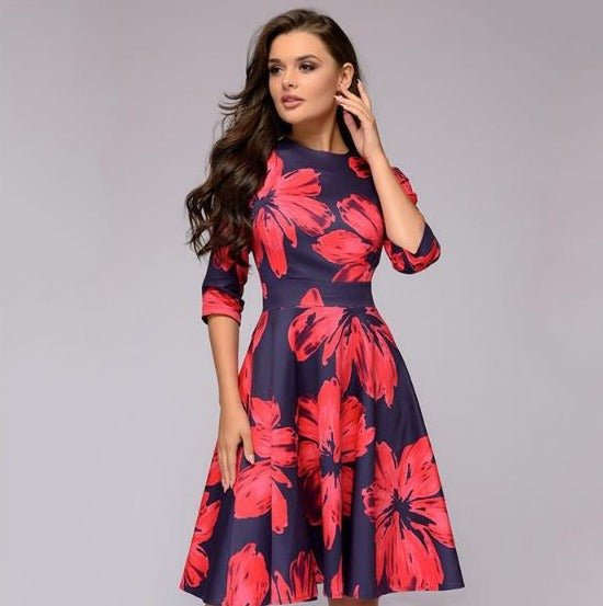 Comfortable casual retro A-line midi dress for women, 3/4 sleeves, versatile for day or evening wear.