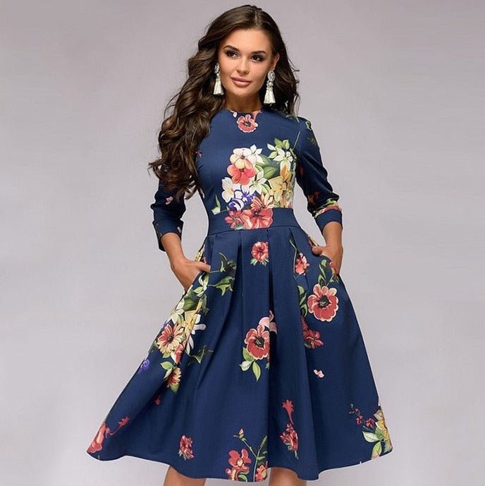 Bestselling women's retro A-line midi dress, 3/4 sleeve, flattering vintage elegance, ideal for parties.