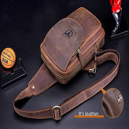 Women's retro brown leather crossbody shoulder bag with brass hardware, front view