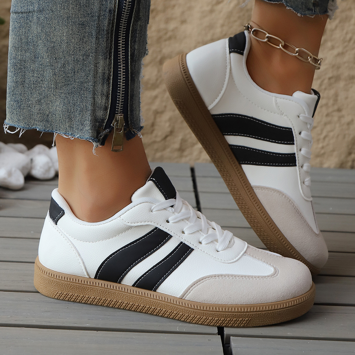 Detailed view of women's retro comfort sneakers. Vintage style footwear with quality construction.