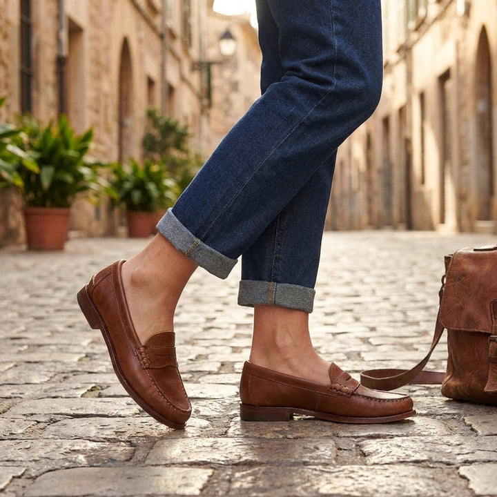 Versatile women's flat loafers with a retro style. Comfortable slip-on shoes for casual elegant everyday wear.
