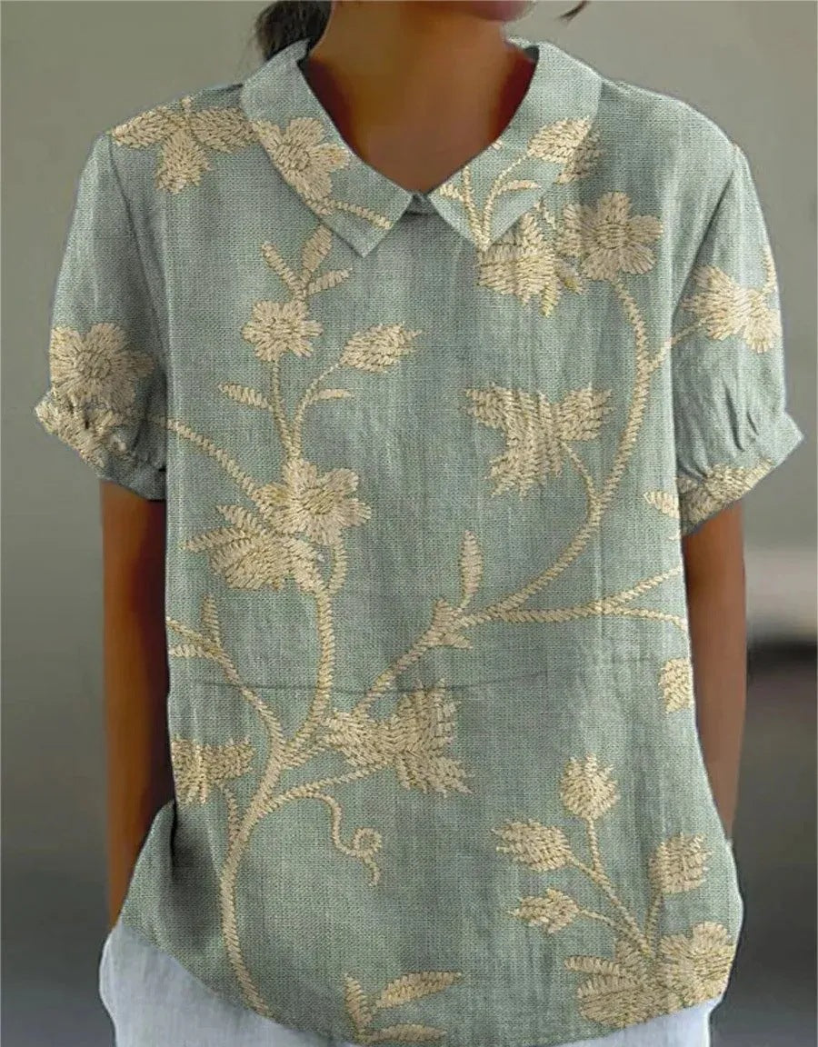 Women's retro floral embroidered short sleeve blouse, perfect for summer casual chic.