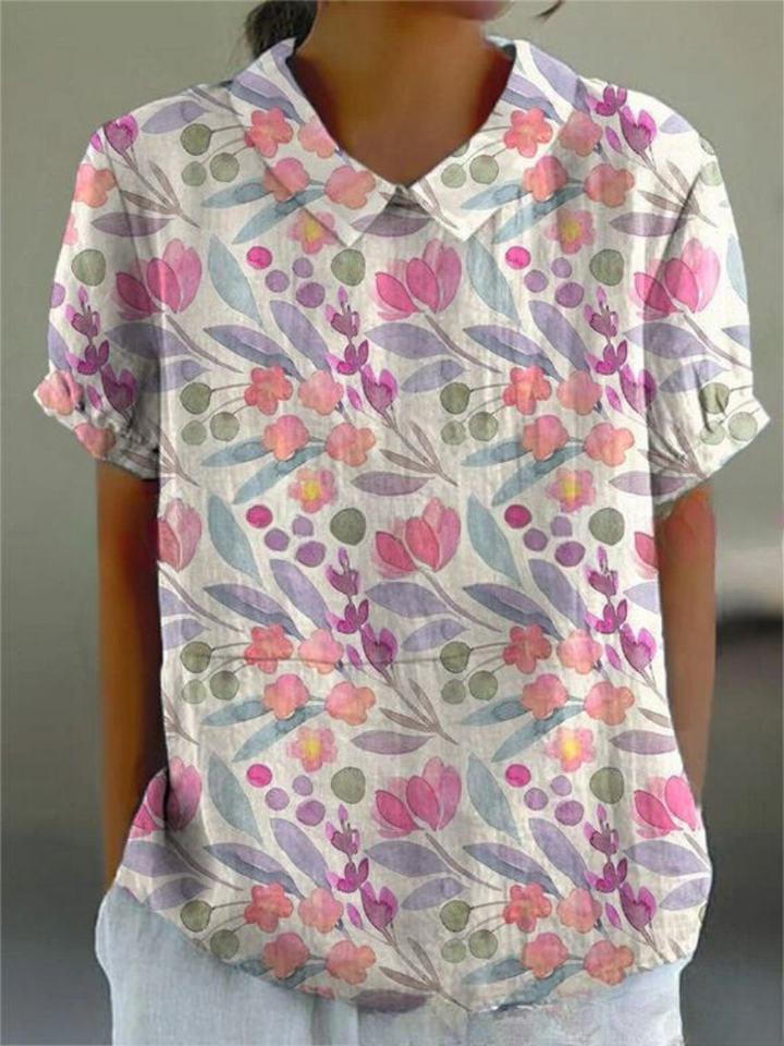 Elegant women's short sleeve blouse, embroidered floral pattern, perfect for spring/summer.