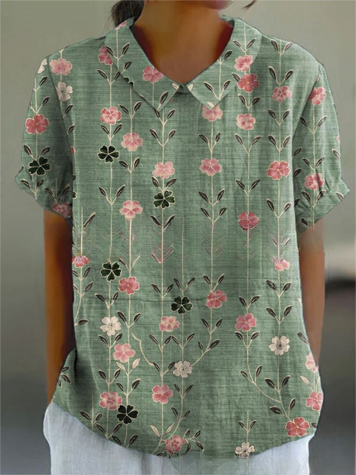 Retro women's short sleeve blouse with exquisite floral embroidery, casual chic spring top.