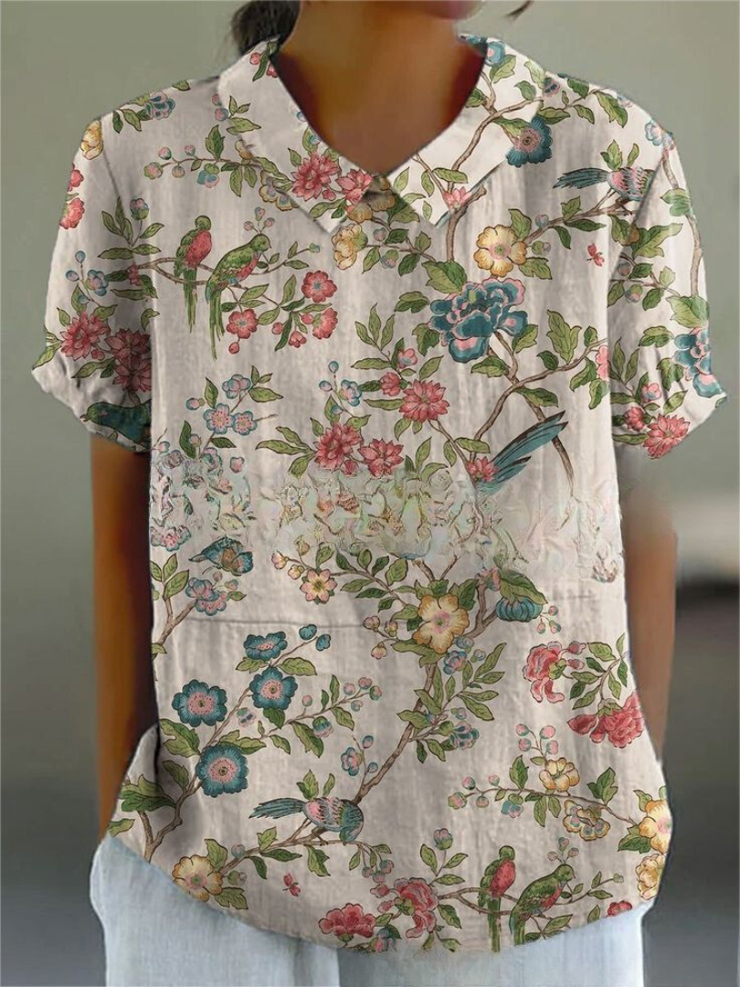 Spring/summer women's blouse, short sleeve, delicate floral embroidery, retro, relaxed fit.