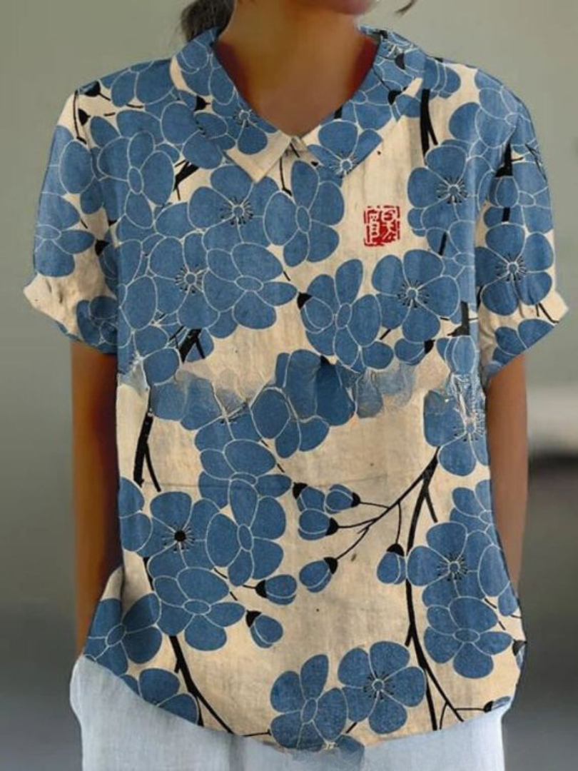 Daily wear women's retro short sleeve top, floral embroidery, collared for casual style.