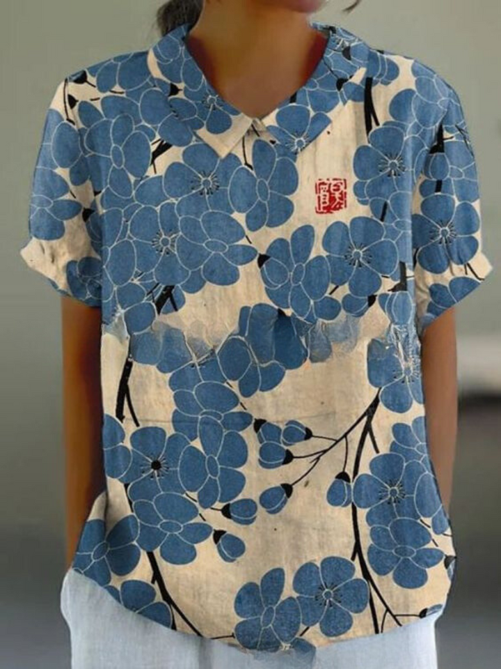 Daily wear women's retro short sleeve top, floral embroidery, collared for casual style.