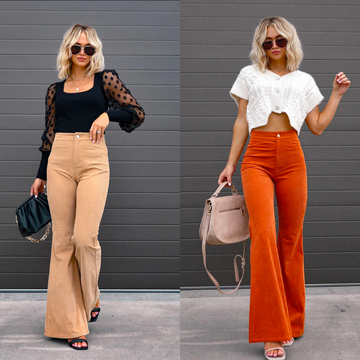 Chic retro-inspired flared pants for women, high-waisted design for a fashionable and elegant look.