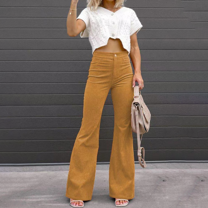 Fashion-forward women's retro flared trousers, high-waisted and chic for a modern yet classic look.