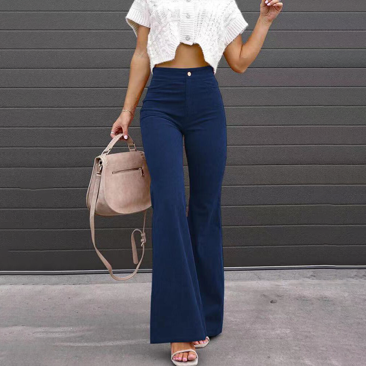 Full-length women's high-waisted flared pants in a comfortable ribbed retro style for versatile outfits.