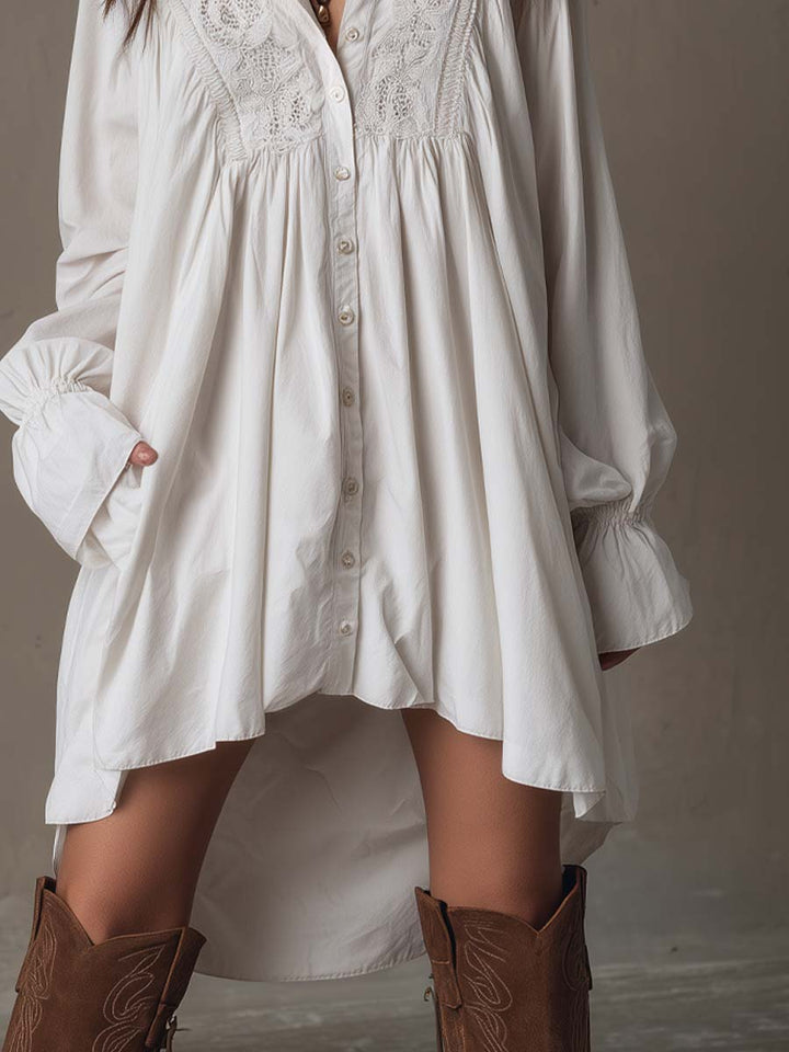 Stylish women's long-sleeve mini dress with an irregular hem. White retro design, perfect as a party dress or casual wear.