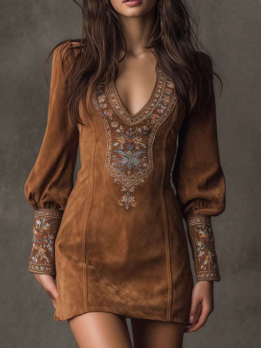 Women's retro mini dress with elegant embroidery and V-neck, perfect for party or casual chic fashion.