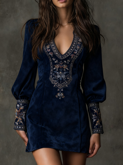 Elegant women's retro mini dress, exquisitely embroidered. Ideal sophisticated short party dress.