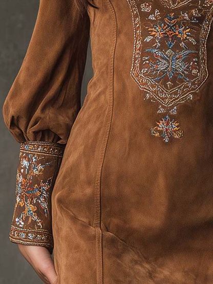 Embroidered retro mini dress for women. Elegant V-neck short dress, ideal for parties & chic occasions.