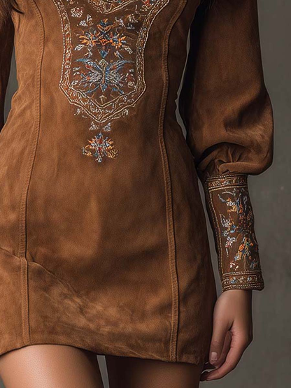 Sophisticated women's retro mini dress with elegant embroidery. Stylish V-neck short dress for fashion.