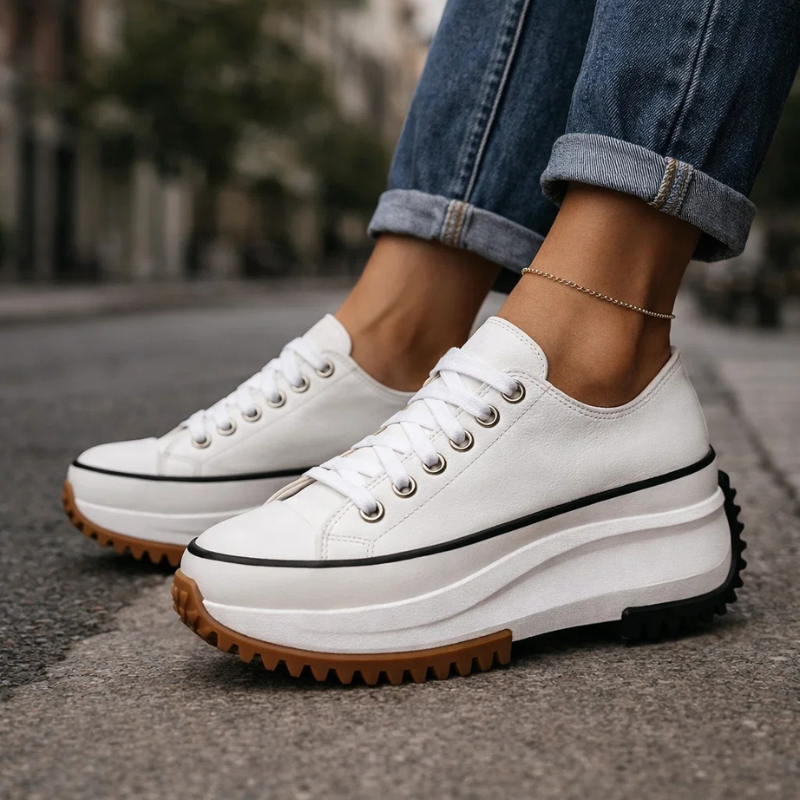 Street style women's retro platform sneakers. Vintage fashion footwear for a trendy, comfortable look.