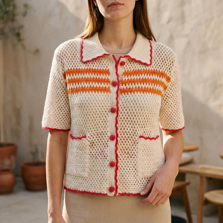 Women's retro short-sleeve cardigan, a breezy summer top. Perfect for casual wear and layering.