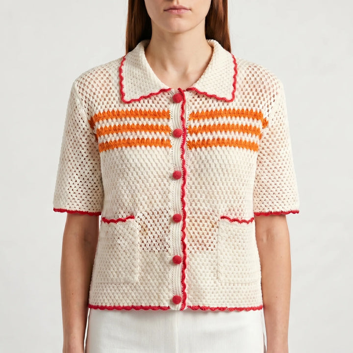 Striped women's short-sleeve retro cardigan. A breezy summer top for casual fashion.