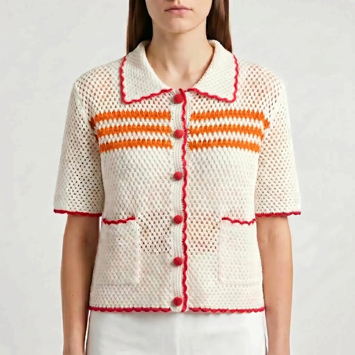 Retro collared short-sleeve women's cardigan. A breezy striped summer top for casual and stylish outfits.