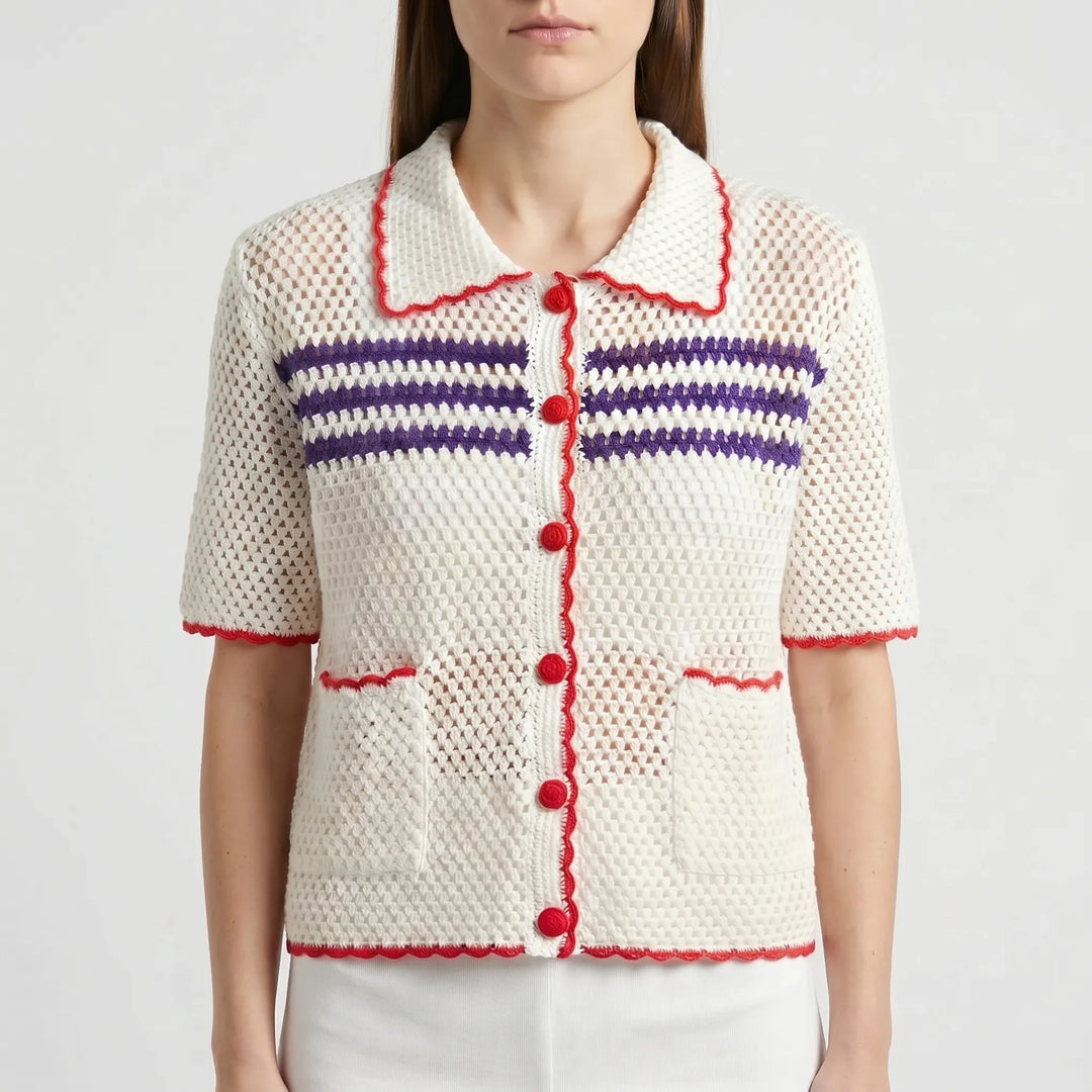 Chic women's retro short-sleeve summer cardigan. Breezy layering piece for stylish casual wear.