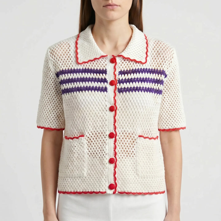 Chic women's retro short-sleeve summer cardigan. Breezy layering piece for stylish casual wear.