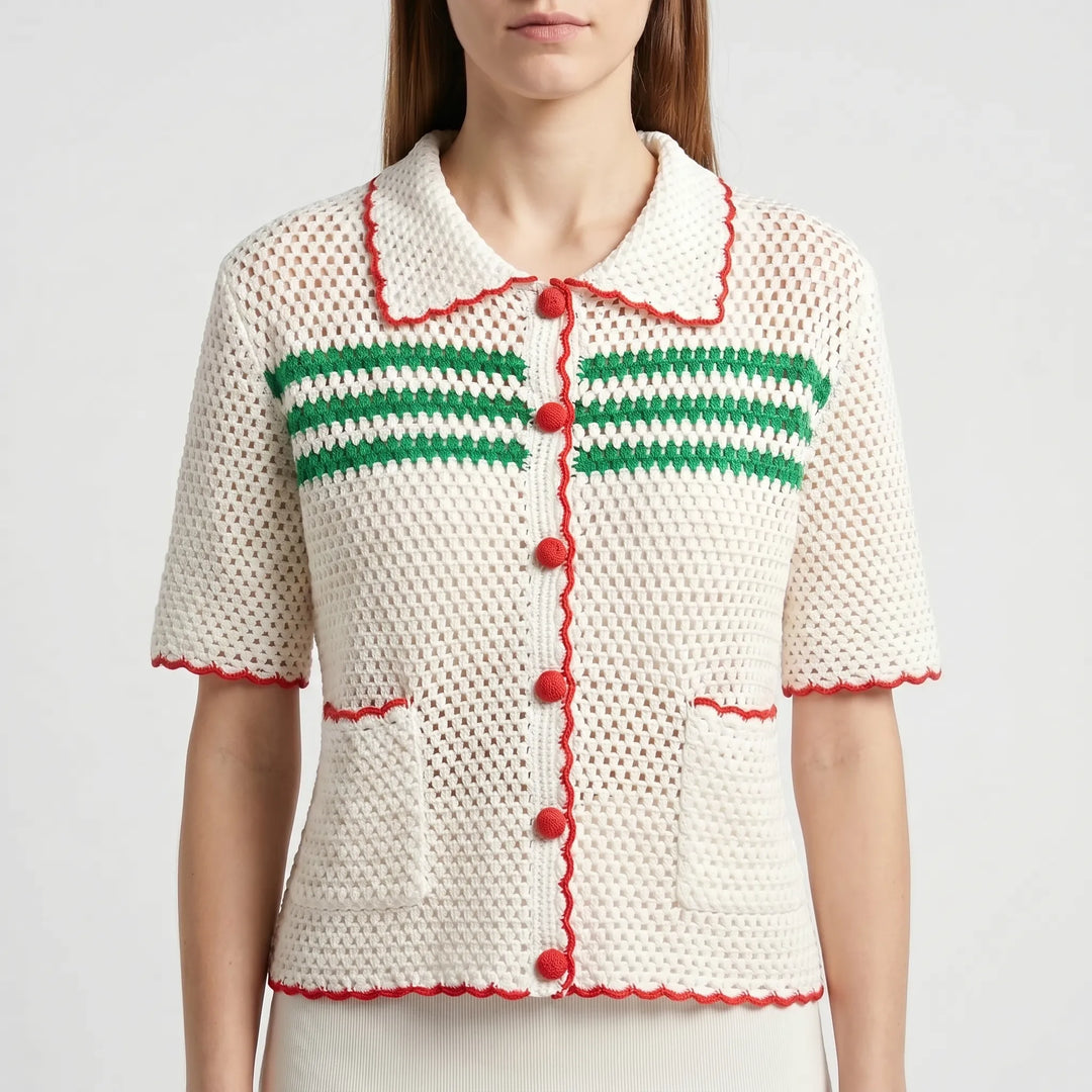 Women's short-sleeve retro striped cardigan. Breezy summer top, perfect for casual fashion & layering.