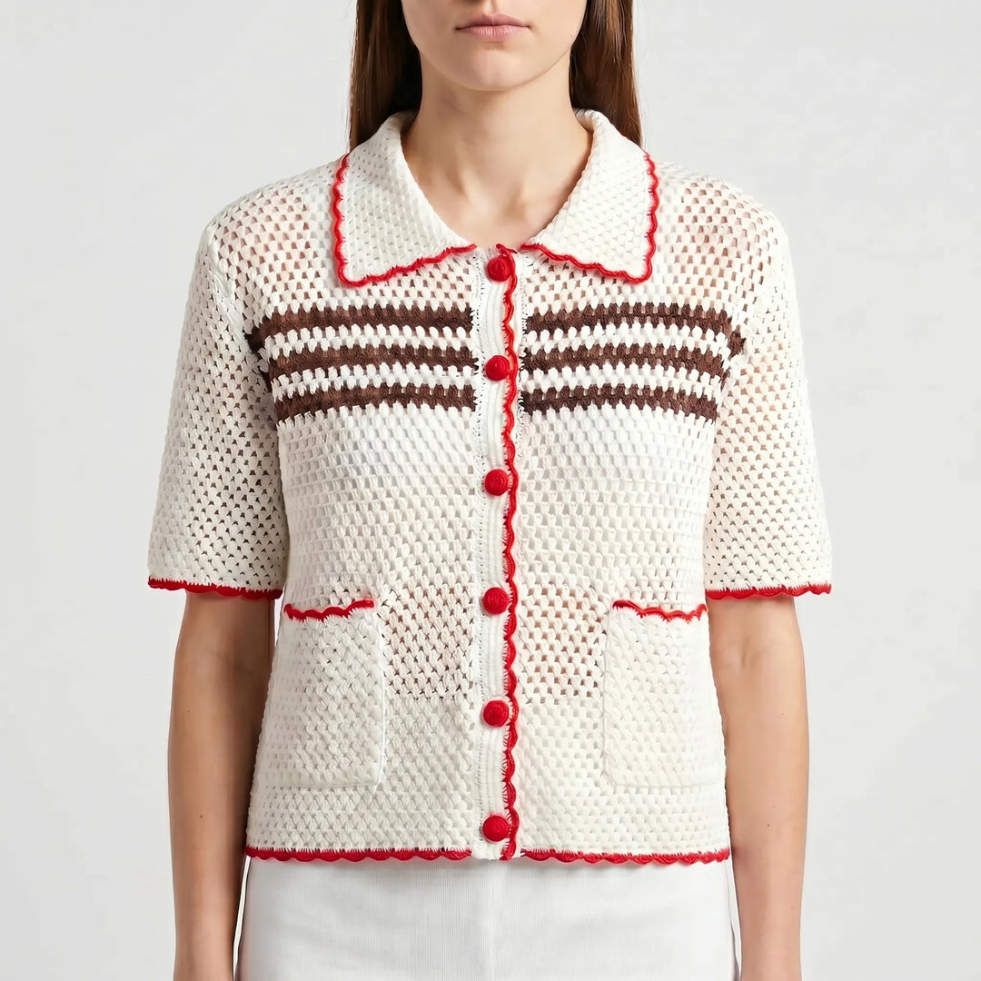Comfortable women's short-sleeve retro cardigan. Breezy summer top, a stylish collared layering piece.