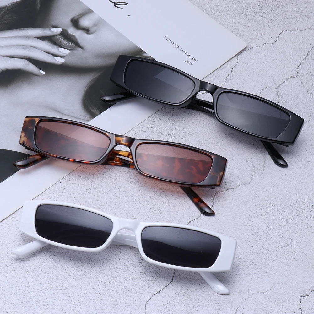 Sleek slim retro shades for women, embodying 90s fashion with critical UV eye protection.