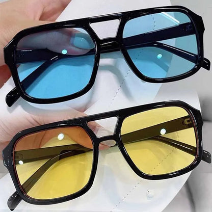Women's colorful retro square sunglasses with unique prismatic UV protection lenses.